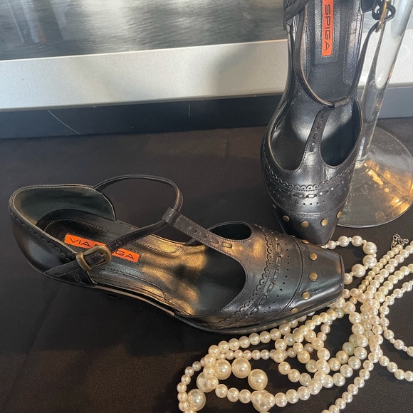 NEW VIA SPIGA VFrap BLK Leather Bambi Block Heels - Picture 8 of 14